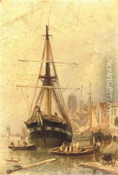 A Busy Day In The Harbour Of Dordrecht Oil Painting - Willem Hendrick Eickelberg