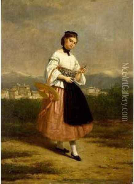 A Girl In An Italian Dress Oil Painting - Charles Augustin Wauters