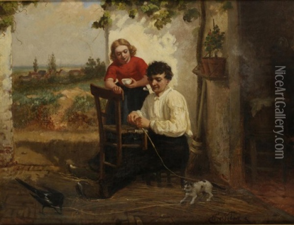 A Man And A Woman Repairing A Chair Oil Painting - Henri van Seben