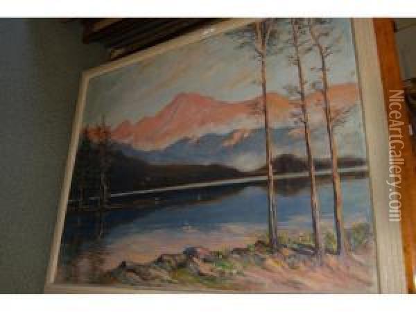 Mountain
Lake Scene Oil Painting - William Renison