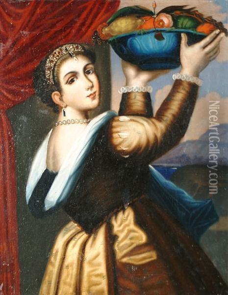 Woman With A Fruit Bowl Oil Painting - Tiziano Vecellio (Titian)