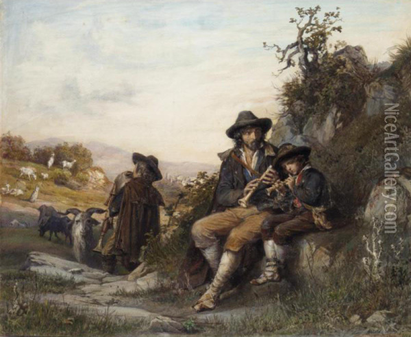 The Young Shepherd's Music Lesson Oil Painting - Arnoldo Corrodi