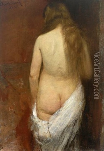 Stehender Weiblicher Ruckenakt Mit Weisem Tuch Vor Rotbraunem Hintergrund Oil Painting - Carl Kricheldorf