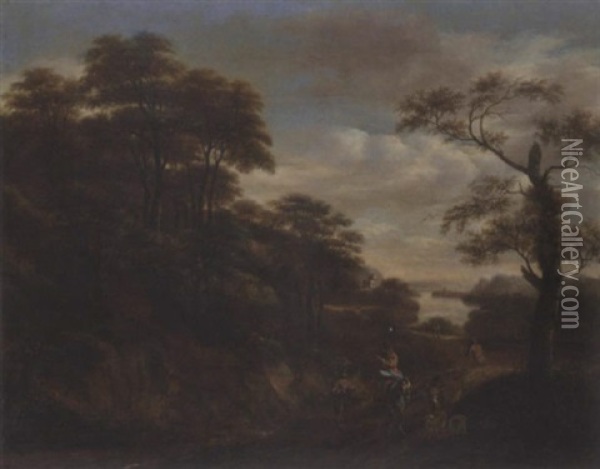 A Southern Landscape With Drovers And Travellers On A Path, A Town Beyond Oil Painting - Pieter Jansz van Asch