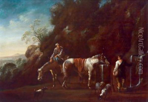 Cavaliere In Sosta Accanto Ad Un Pozzo Oil Painting - Pieter van Bloemen
