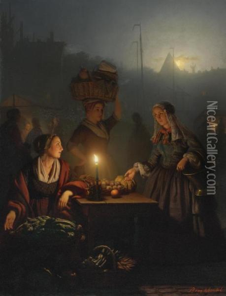 Buying Fruit And Vegetables At The Night Market Oil Painting - Petrus van Schendel
