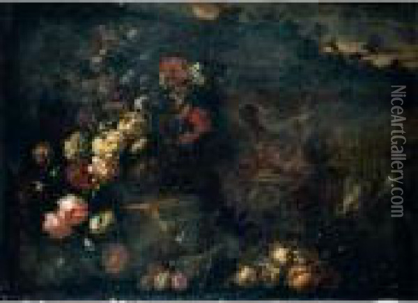Still Life Of Flowers In A 
Sculpted Vase, Together With A Large Gilt Ewer, Carved Stone Reliefs And
 Fruit, Set Within A Landscape Oil Painting - Andrea Belvedere