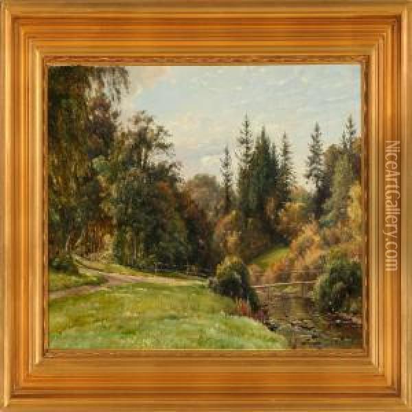 Wood Bridge At Astream In The Bright Autumn Forest Oil Painting - Johannes Boesen