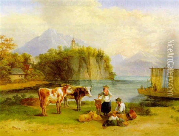 Weideidyll Am Traunseeufer Oil Painting - Johann Baptist Wengler