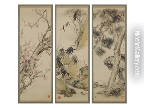 Three Friends Of Winter (triptych) Oil Painting - Katei Taki