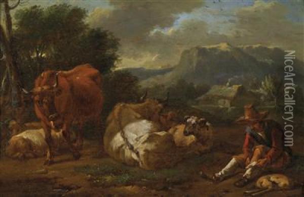 Shepherds In A Roman Landscape Oil Painting - Nicolaes Berchem