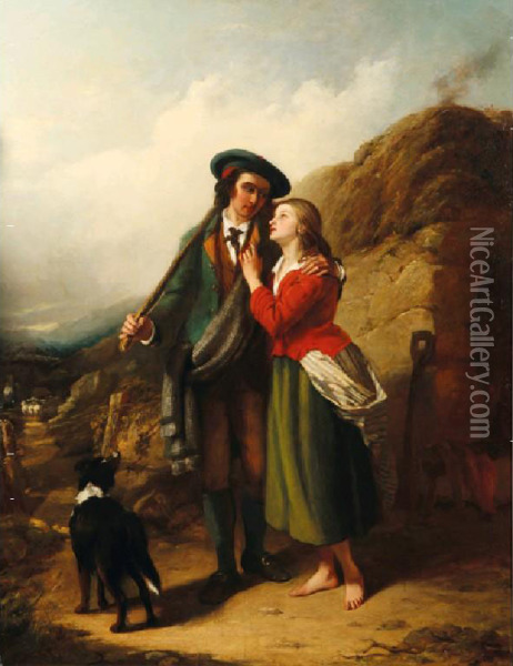 A Highlander And His Lass With A
 Sheepdog And His Flock, With Distant Views Of A Loch And Mountains Oil Painting - Thomas Brooks