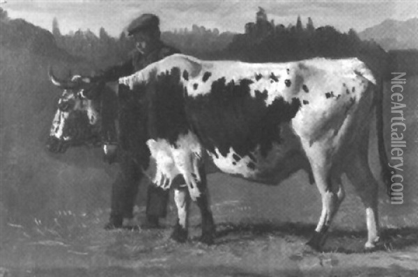 Bauer Mit Kuh Auf Der Weide Oil Painting - Albert Lugardon