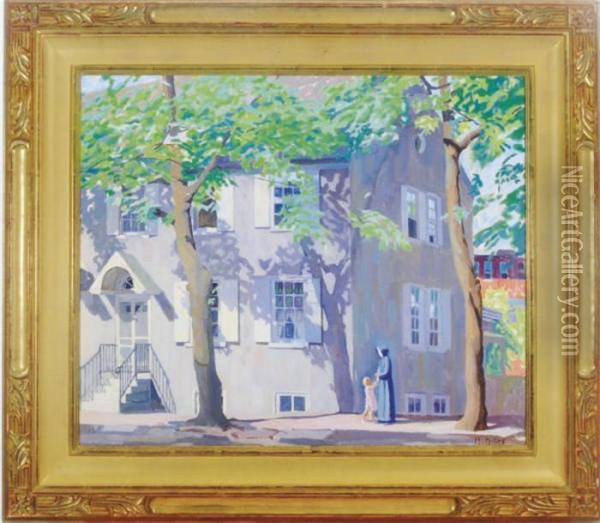 A Child And A Nun Outside A Federal House Oil Painting - Mildred Bunting Miller
