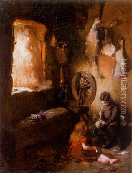A Cottage Interior With Children Playing By A Spinning Wheel Oil Painting - Patrick William Adam