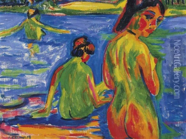 Im See Badende Madchen, Moritzburg Oil Painting - Ernst Ludwig Kirchner