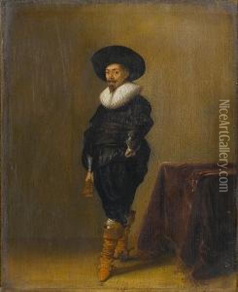 Portrait Of A Gentleman, 
Standing Small-full-length, In Black Costume With A White Ruff And Black
 Hat, Holding A Pair Of Gloves, Before A Draped Table Oil Painting - Hendrick Gerritsz. Pot
