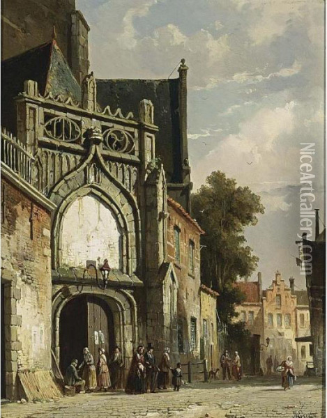 Figures Near A Church Entrance Oil Painting - Adrianus Eversen