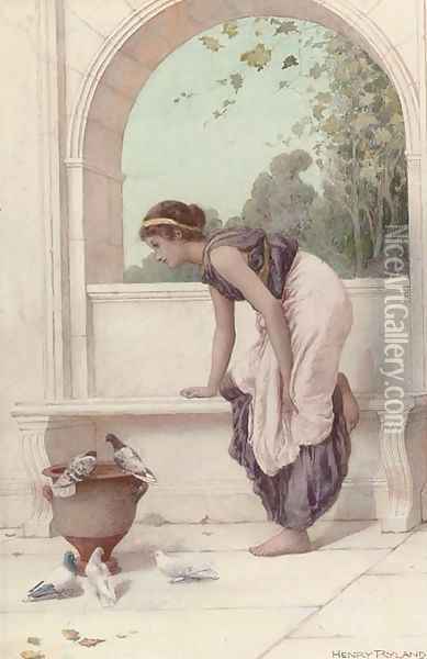 A classical maiden on a terrace with doves and pigeons Oil Painting - Henry Ryland