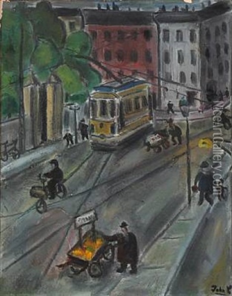Street Scene With Tram Ride Oil Painting - John Christensen