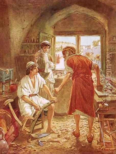 Christ working with Joseph as a carpenter Oil Painting - William Brassey Hole