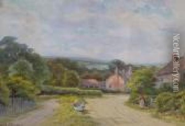 Country Village Lane With Figures Conversing Oil Painting - George Oyston