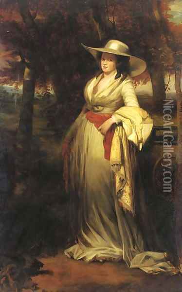 Portrait of a lady, full-length, in a white dress and paisley shawl, in a landscape Oil Painting - English School