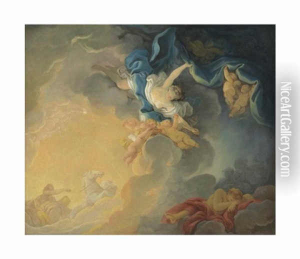 The Goddess Aurora Triumphs Over Night, Announcing Apollo In His Chariot, While Morpheus Sleeps - A Bozzetto Oil Painting - Jean-Honore Fragonard