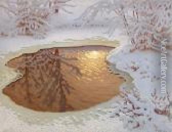 Solreflexer - Frostigt Vinterlandskap Med Vattenkalla Oil Painting - Gustaf Fjaestad