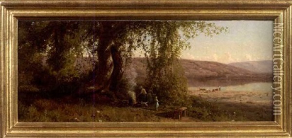 Adirondack Campfire Beside A Lake Oil Painting - George Lafayette Clough