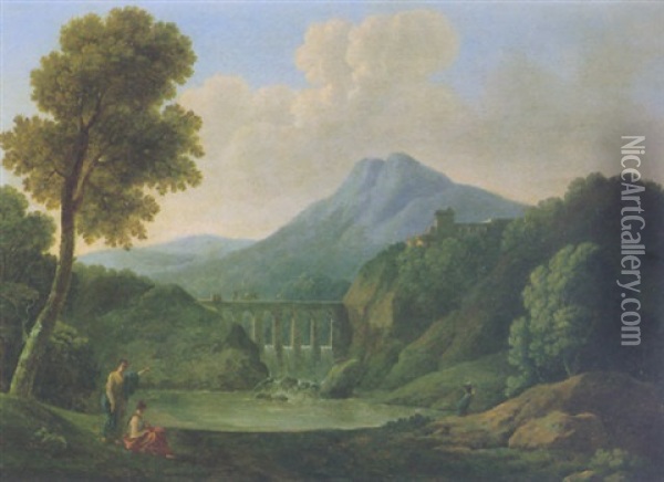 Classical Landscape With A Bridge And A Waterfall Oil Painting - Jean Victor Bertin