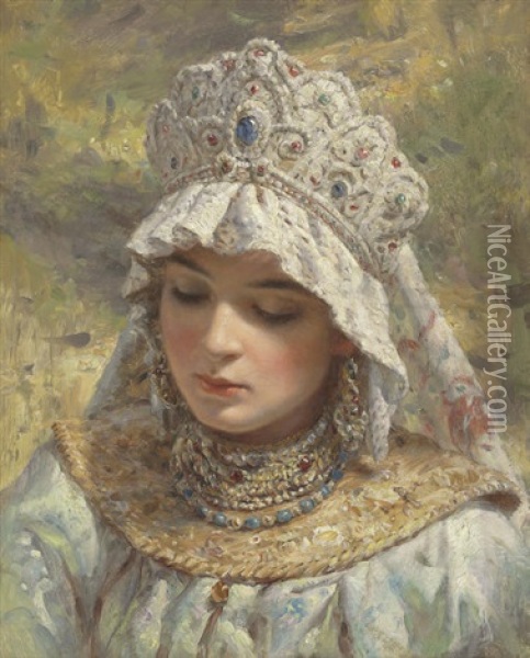 Russian Beauty Wearing A Kokoshnik Oil Painting - Konstantin Egorovich Makovsky