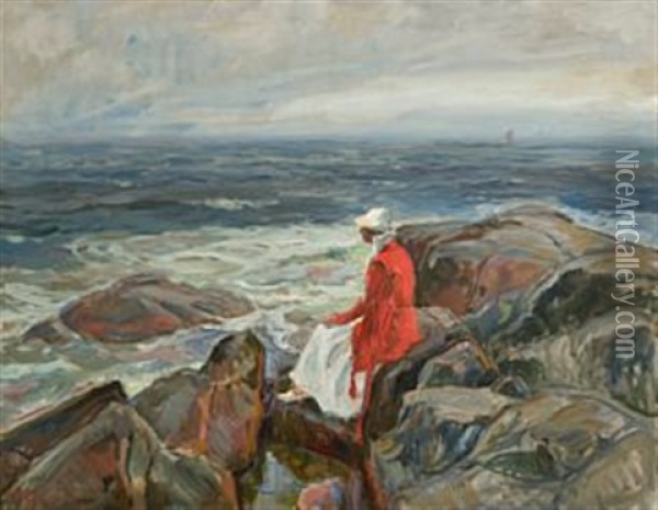 Kvinne Skuer Ut Over Havet Oil Painting - Thorolf Holmboe