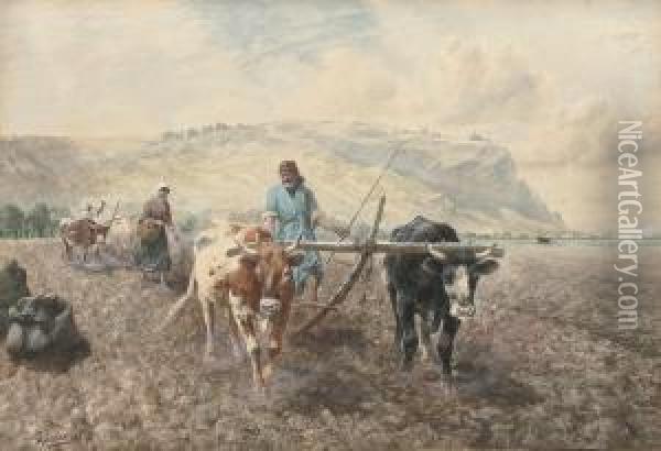 Tilling The Fields Before Mount Carmel Oil Painting - Richard Beavis