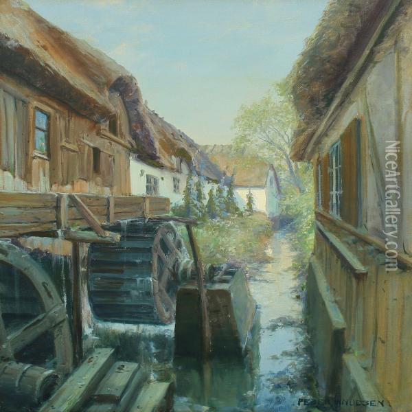 Danish Summer Landscape With Watermill Oil Painting - Peder Knudsen