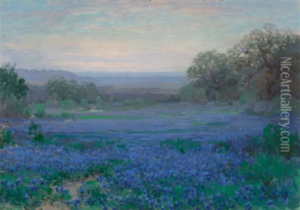 A Blue Bonnet Field - Evening Oil Painting - Julian Onderdonk