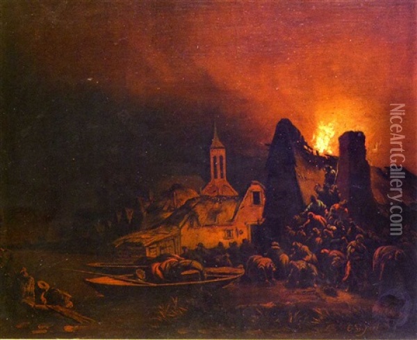 Scene D'incendie Nocturne Dans Un Village Au Bord D'un Canal Oil Painting - Egbert Lievensz van der Poel