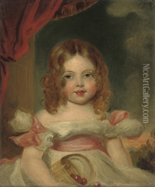 Portrait Of A Young Girl, In A White Dress With Pink Ribbons, A Basket Of Fruit In Her Lap Oil Painting - George Saunders