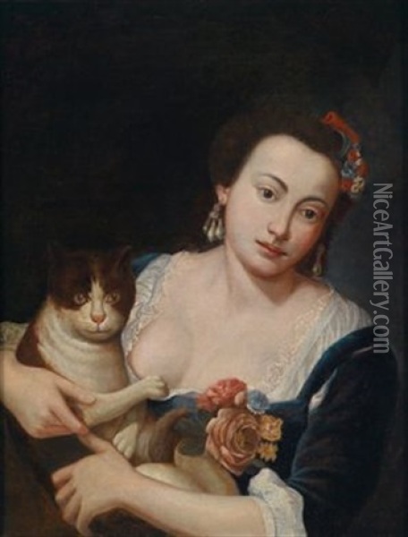 Eine Junge Dame Mit Ihrer Katze Spielend Oil Painting - Giuseppe Bonito