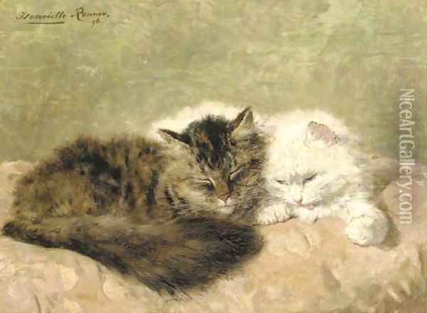 Two cats on a pink pillow Oil Painting - Henriette Ronner-Knip