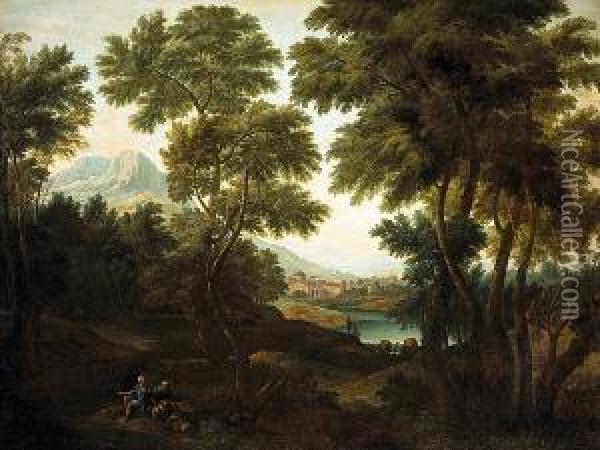 An Extensive Arcadian Landscape With Shepherds And Sheep In The Foreground Oil Painting - Vittorio Amedeo Cignaroli