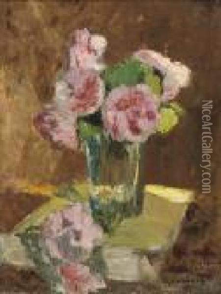A Still Life With Roses In A Vase Oil Painting - Albert Lebourg
