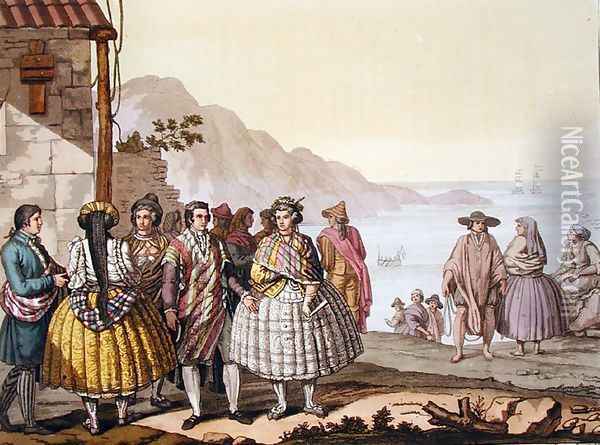 Men and women in elaborate costume, Chile, from 'Le Costume Ancien et Moderne' Oil Painting - G. Bramati