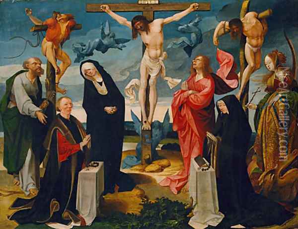 The Crucifixion with Donors and Saints Peter and Margaret ca 1525 Oil Painting - Cornelis Engelbrechtsen
