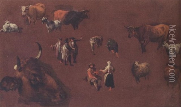 Studies Of Cattle And Figures Oil Painting - Pieter Bout