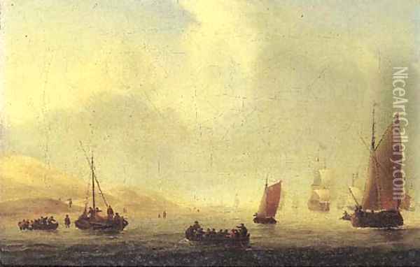 Fishermen in rowing boats with a wijdschip and other sailing vessels off the dunes, in a light breeze Oil Painting - Willem van de Velde the Younger