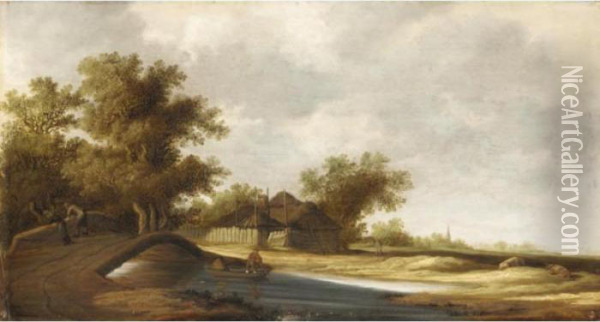 River Landscape With Figures On A Bridge, A Farmhouse Beyond Oil Painting - Jan van Goyen