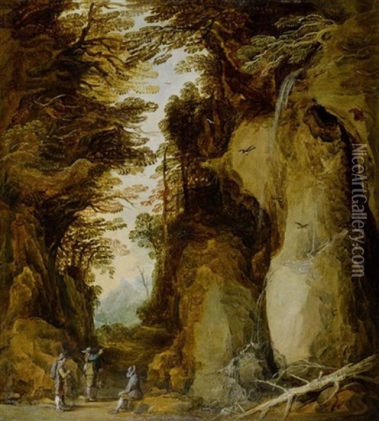 Felsige Landschaft Mit Drei Rastenden Wanderern Neben Einem Wasserfall Oil Painting - Philips de Momper the Elder