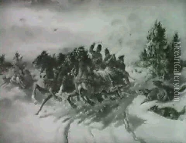 Pferdeschlitten, Von Angreifen Wolfen Bedroht Oil Painting - Emil Rumpf