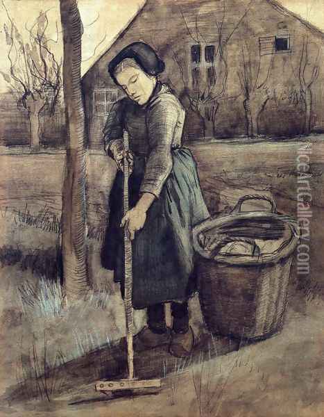 A Girl Raking Oil Painting - Vincent Van Gogh